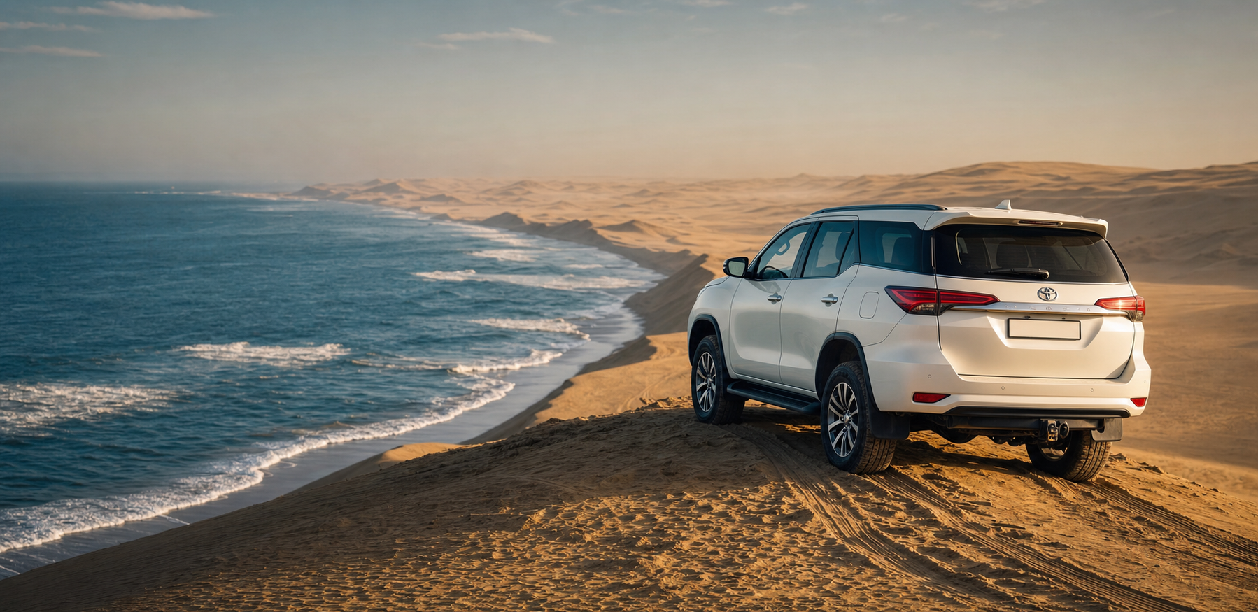 White Toyota Fortuner parked on a dune crest above the coastline where the desert meets the Atlantic